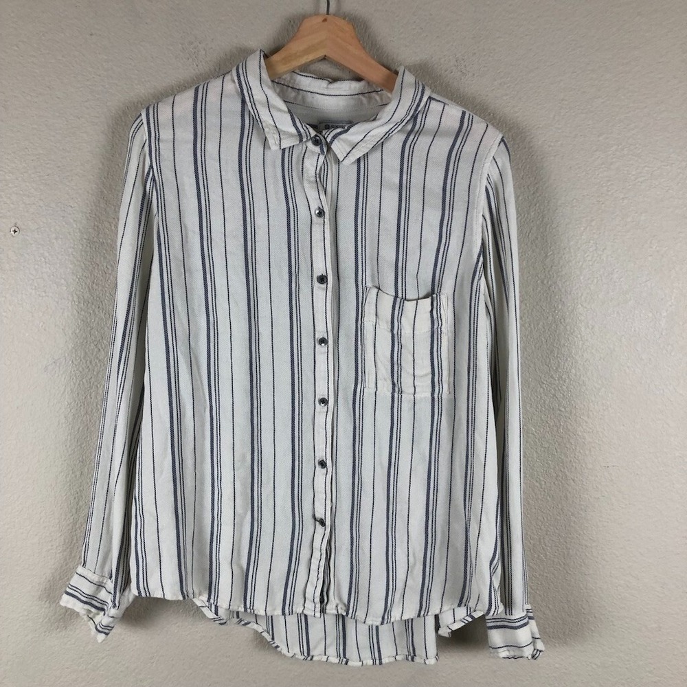 Susina Rayon Shirt Womens L White Blue Vertical‎ Stripe Relaxed Fit  Hi Low Hem